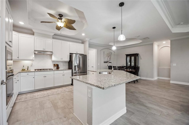 kitchen with a tray ceiling, stainless steel appliances, sink, white cabinets, and an island with sink