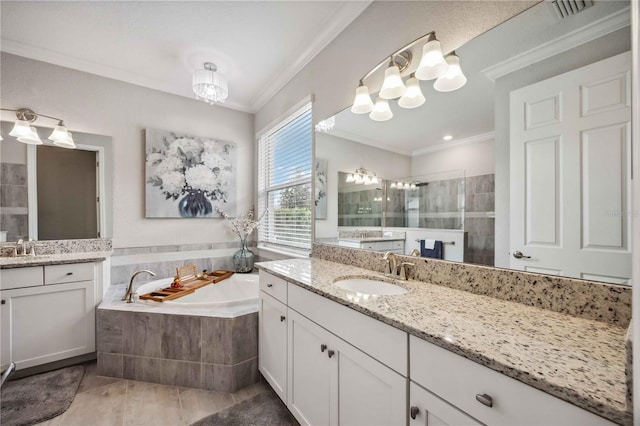 bathroom featuring crown molding, vanity, a notable chandelier, and shower with separate bathtub