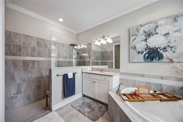 bathroom featuring vanity, crown molding, and independent shower and bath