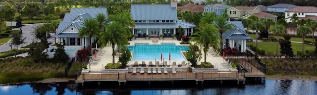 exterior space with a water view