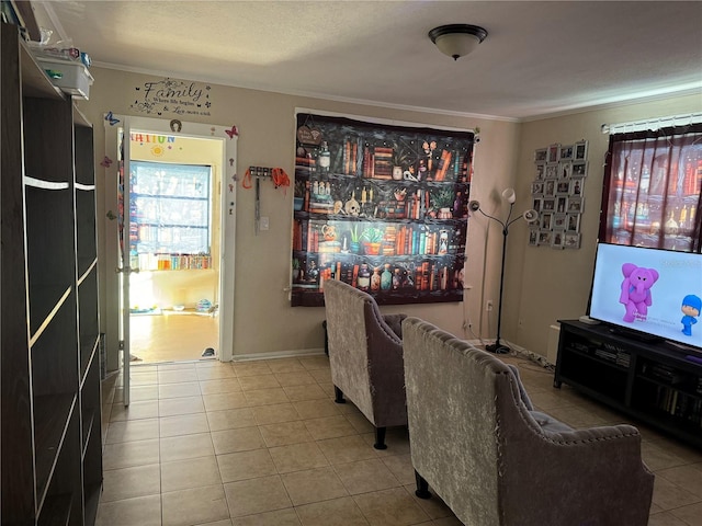 tiled dining room with crown molding