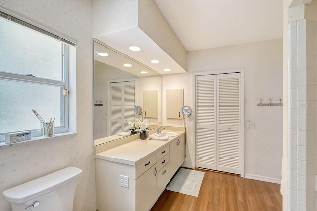 bathroom with toilet, vanity, and wood-type flooring