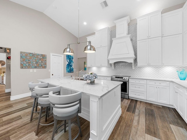 kitchen featuring dark wood-type flooring, stainless steel electric range, and a kitchen island with sink