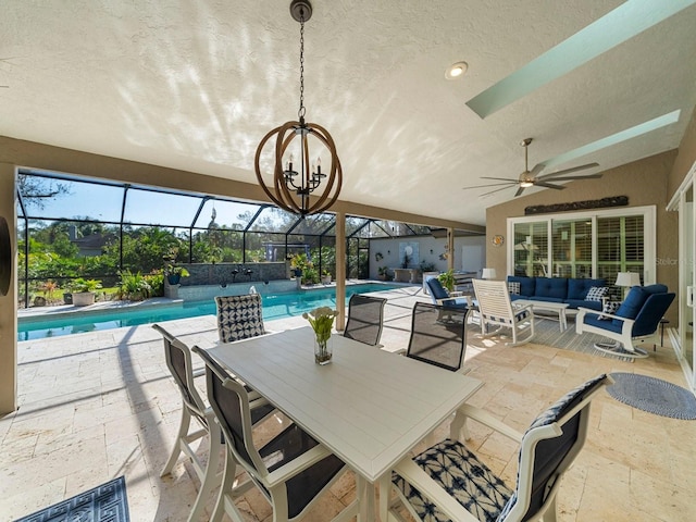 view of patio / terrace with ceiling fan, glass enclosure, and outdoor lounge area