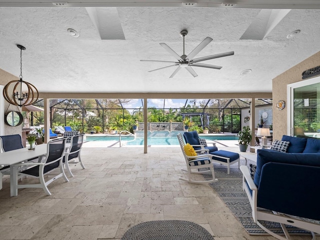 view of patio / terrace featuring an outdoor hangout area, ceiling fan, and a lanai