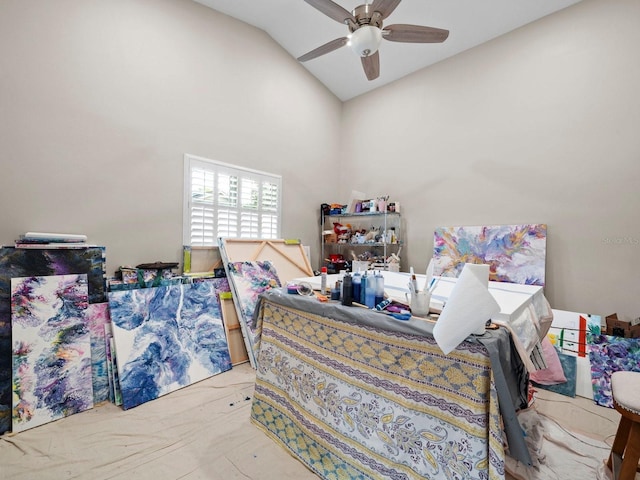 bedroom featuring ceiling fan and lofted ceiling