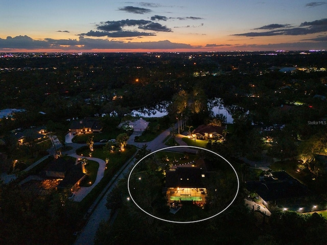 view of aerial view at dusk