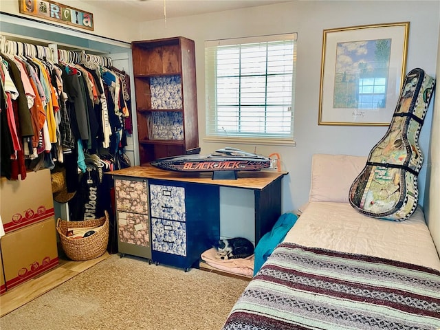 carpeted bedroom with a closet