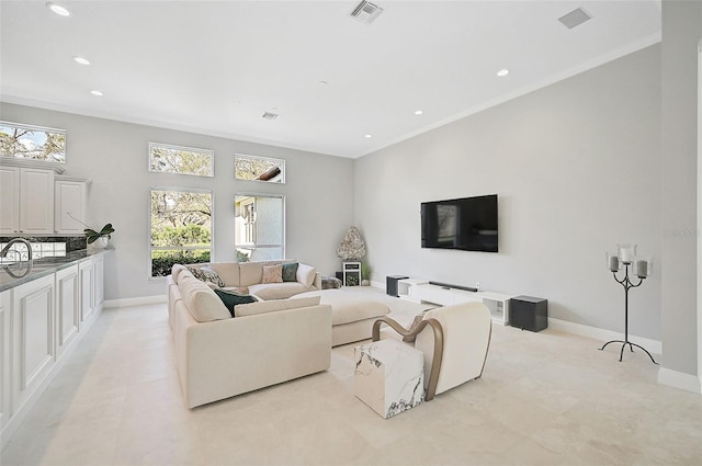 living room featuring sink and crown molding