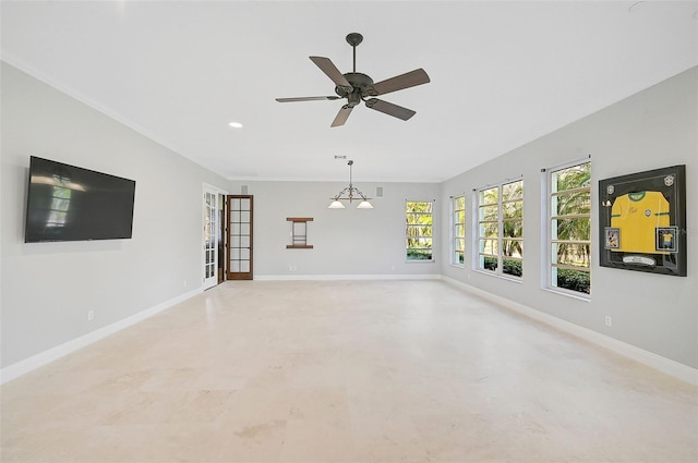 unfurnished living room with ceiling fan with notable chandelier