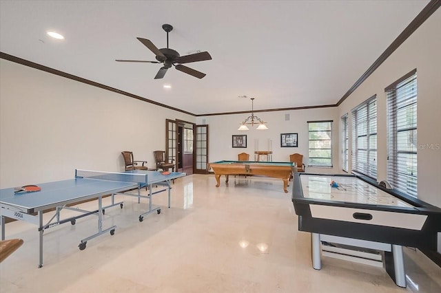 recreation room featuring ceiling fan, billiards, french doors, and ornamental molding