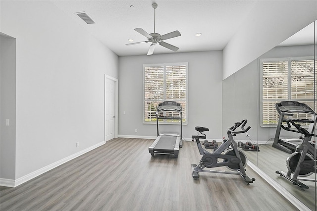 workout area with hardwood / wood-style floors and ceiling fan