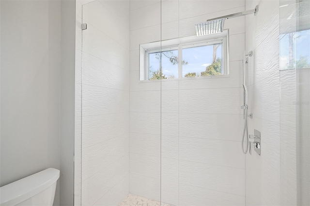 bathroom with a tile shower and toilet