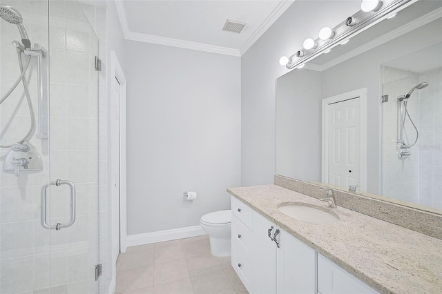 bathroom with tile patterned floors, toilet, ornamental molding, vanity, and a shower with shower door