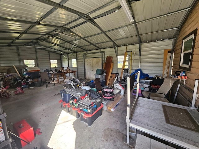 garage with wood walls