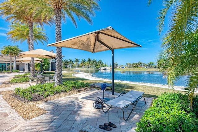 view of patio with a water view