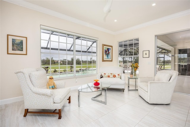 living area with ornamental molding