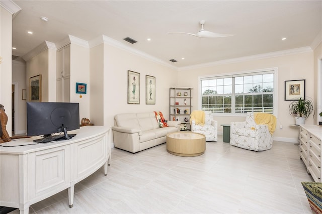 tiled living room with ornamental molding and ceiling fan