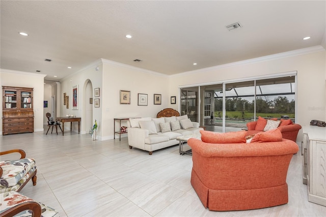 tiled living room featuring crown molding