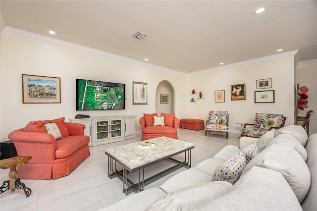 tiled living room with ornamental molding