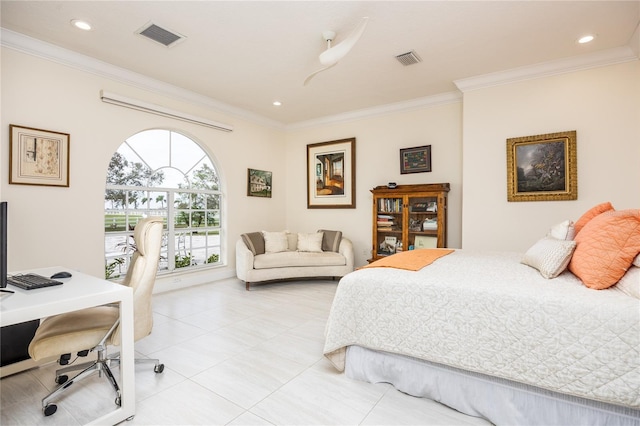 bedroom featuring ornamental molding and light tile patterned floors