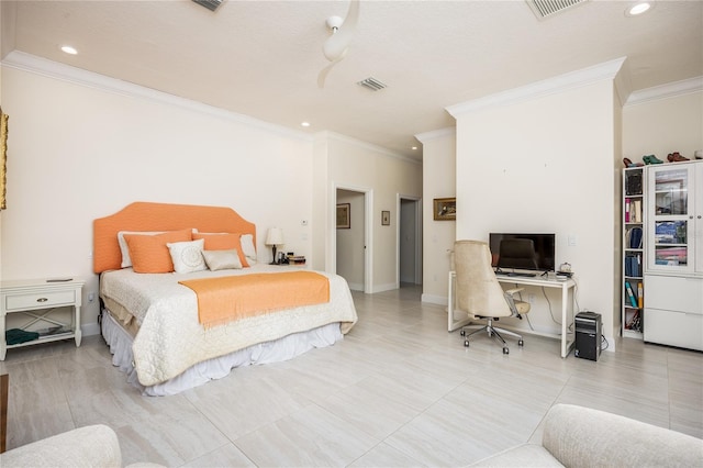 tiled bedroom featuring crown molding