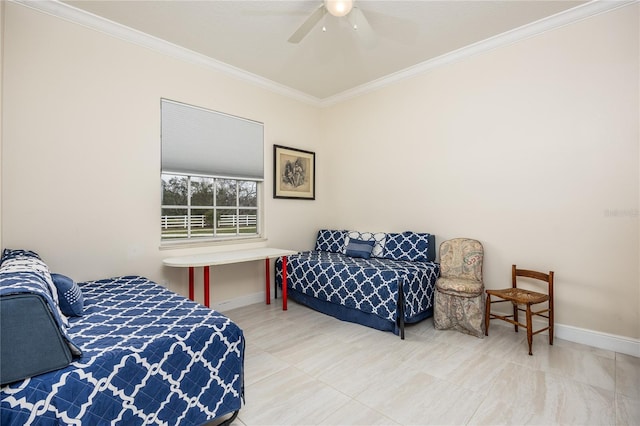 bedroom with crown molding and ceiling fan