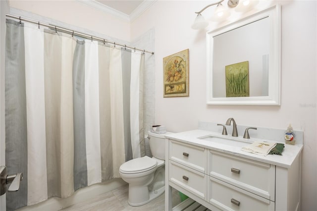 bathroom featuring crown molding, vanity, and toilet