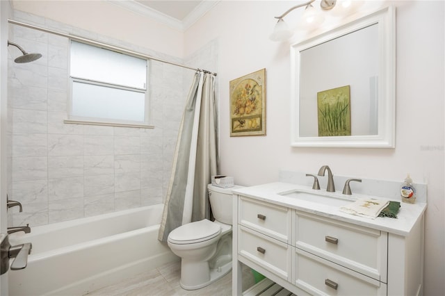 full bathroom with shower / tub combo with curtain, vanity, ornamental molding, and toilet