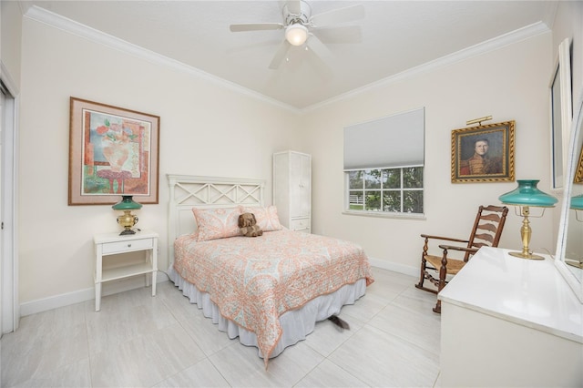 tiled bedroom featuring crown molding and ceiling fan