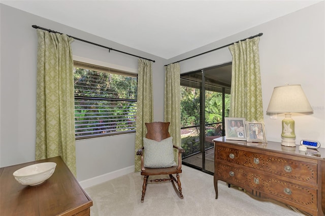 living area featuring light colored carpet and plenty of natural light