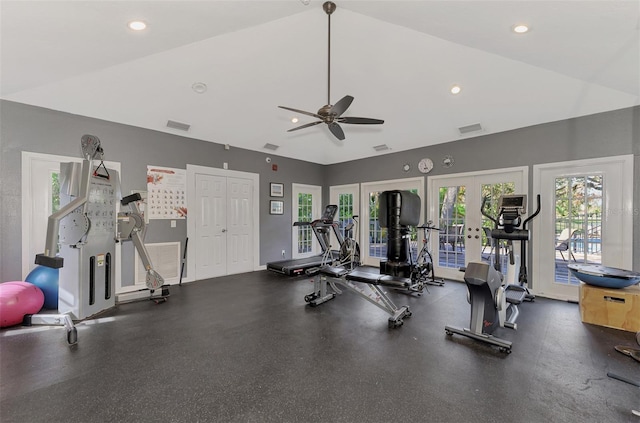 workout area with french doors, high vaulted ceiling, and ceiling fan