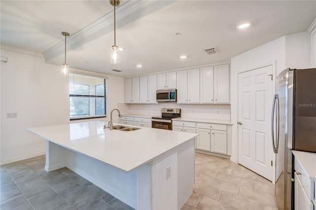 kitchen with pendant lighting, white cabinets, sink, and appliances with stainless steel finishes