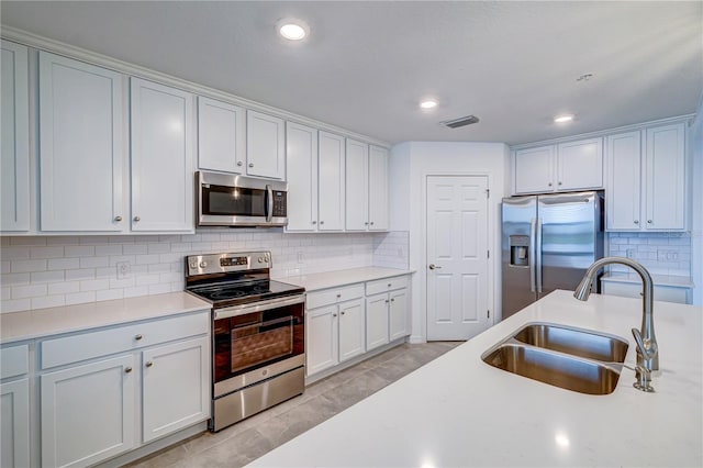 kitchen featuring decorative backsplash, white cabinetry, sink, and appliances with stainless steel finishes