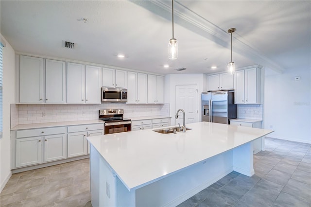 kitchen with white cabinets, sink, tasteful backsplash, decorative light fixtures, and stainless steel appliances