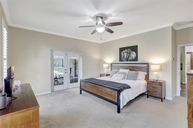 carpeted bedroom with french doors, ornamental molding, access to exterior, and ceiling fan