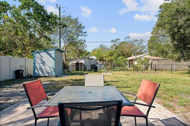 view of patio / terrace featuring a shed