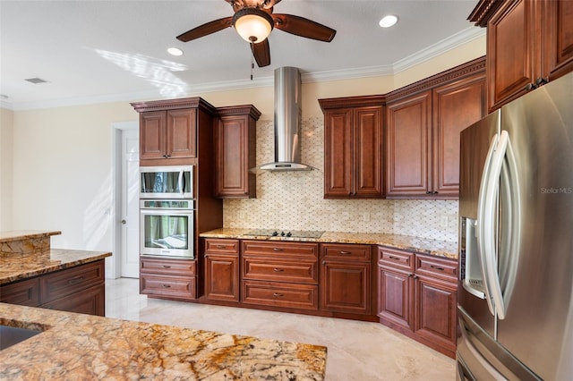 kitchen featuring wall chimney exhaust hood, light stone countertops, ornamental molding, tasteful backsplash, and stainless steel appliances