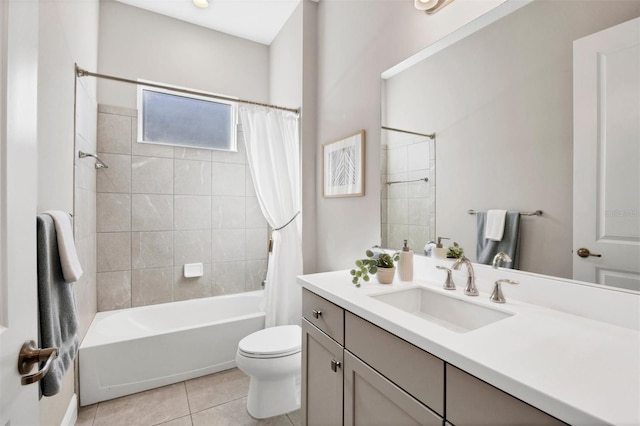 full bathroom with tile patterned flooring, vanity, toilet, and shower / bathtub combination with curtain