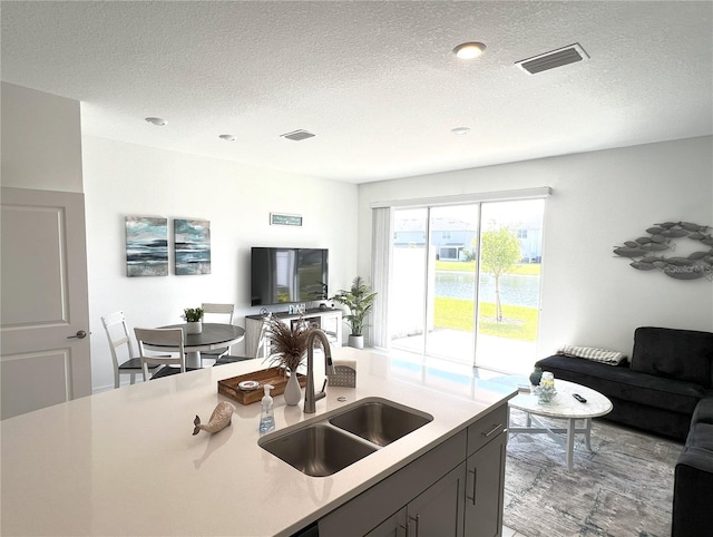 kitchen with gray cabinets, sink, and a textured ceiling