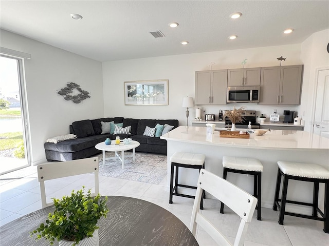 kitchen featuring sink, an island with sink, gray cabinetry, and stainless steel appliances