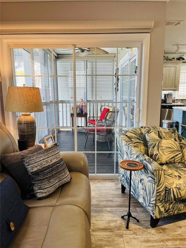 living room featuring a healthy amount of sunlight and light hardwood / wood-style flooring