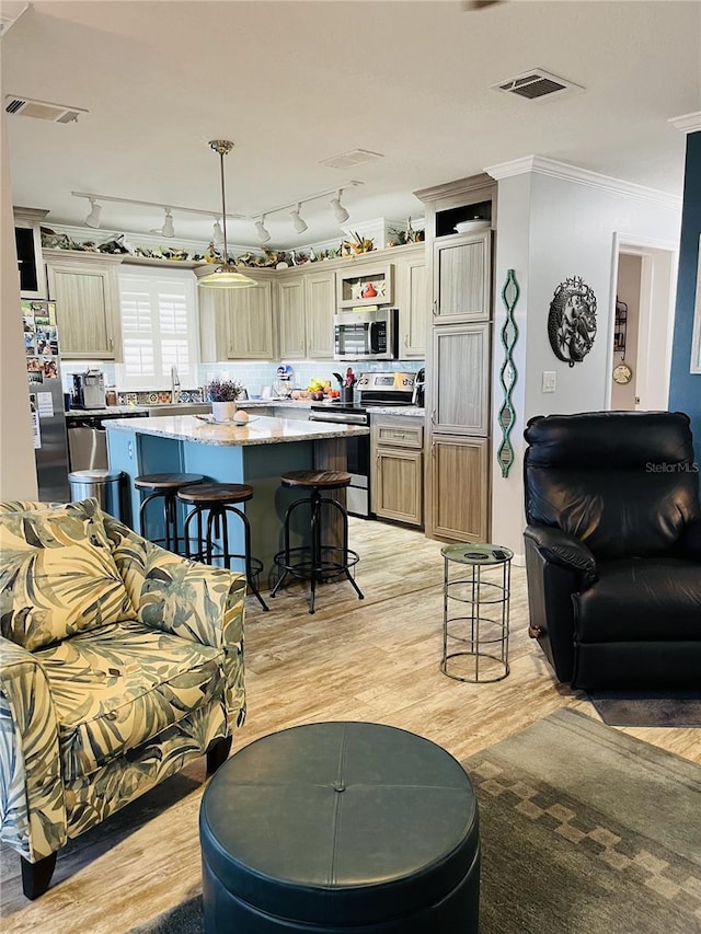 living room featuring track lighting, light hardwood / wood-style flooring, and crown molding