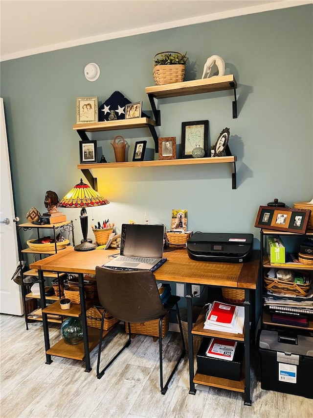 office featuring wood-type flooring and ornamental molding