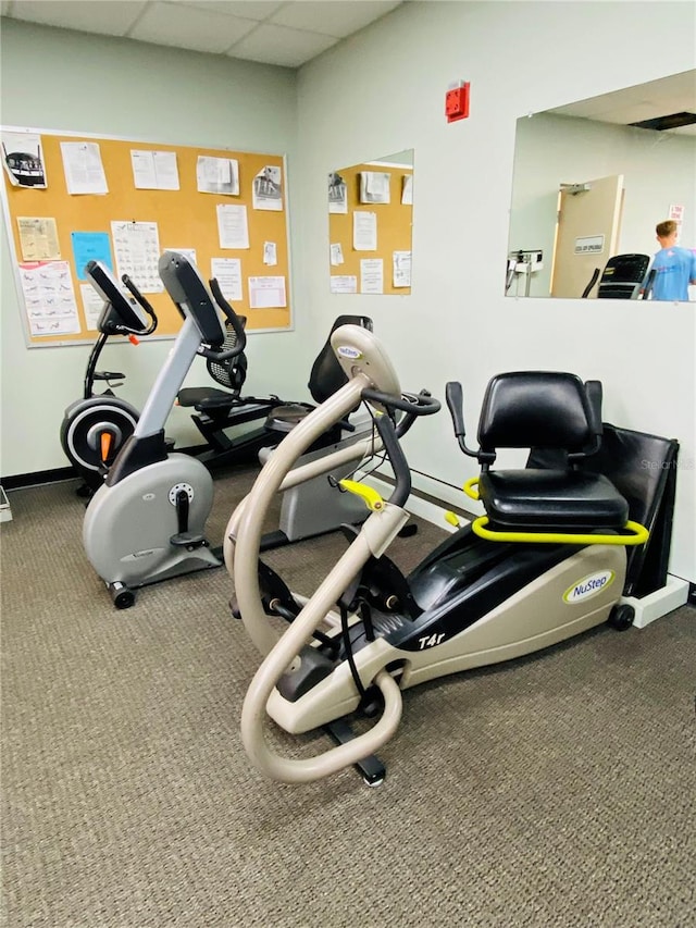 gym with carpet floors and a paneled ceiling