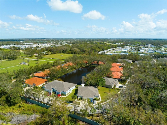 drone / aerial view featuring a water view