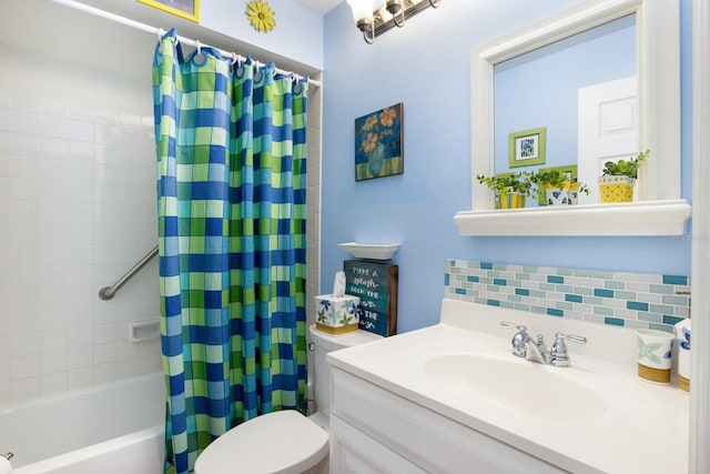 full bathroom with vanity, toilet, backsplash, and shower / tub combo with curtain