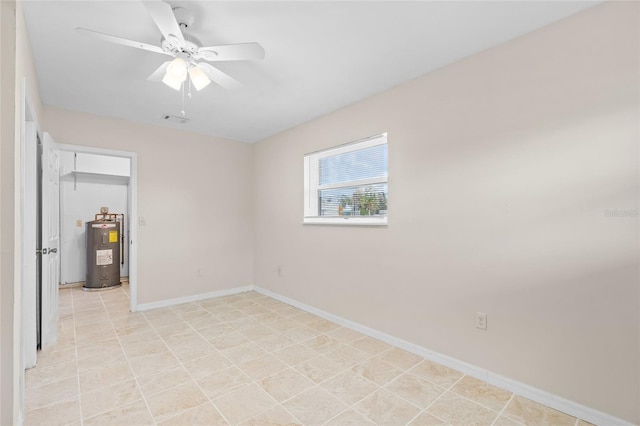 unfurnished room featuring water heater and ceiling fan