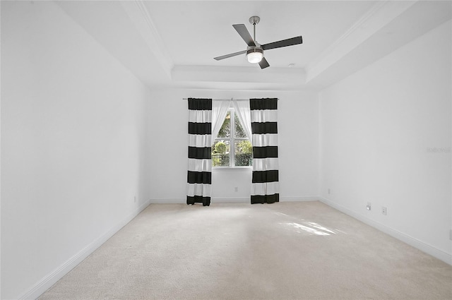 empty room with ornamental molding, light carpet, and a raised ceiling