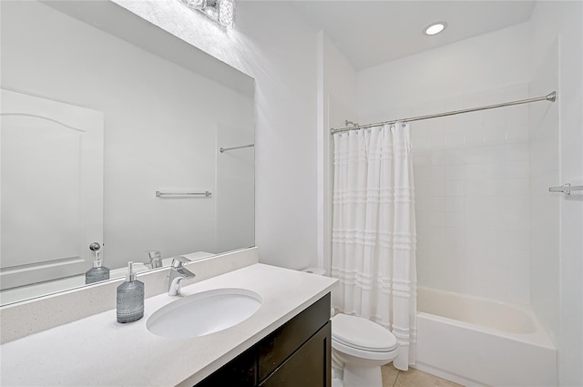 full bathroom with toilet, shower / tub combo, vanity, and tile patterned floors